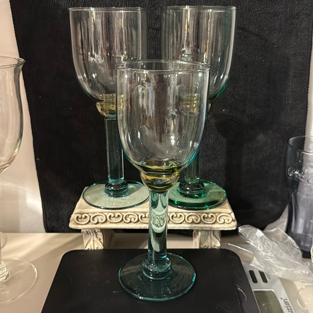 3 La Mediterranea Green Water Wine Recycled Glass Goblet Spain 13 oz